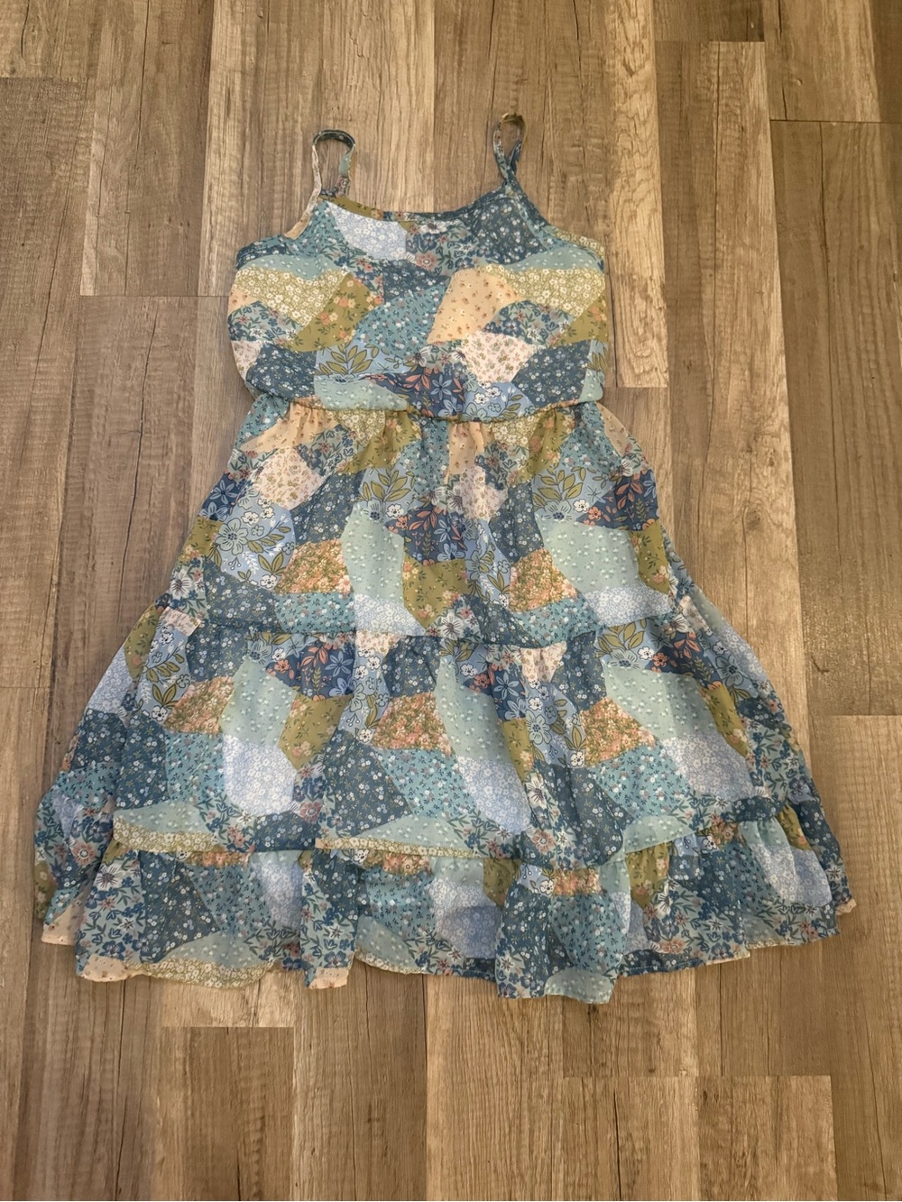 Beautees Patchwork Floral Tiered Sundress in Blue, Green, Cream